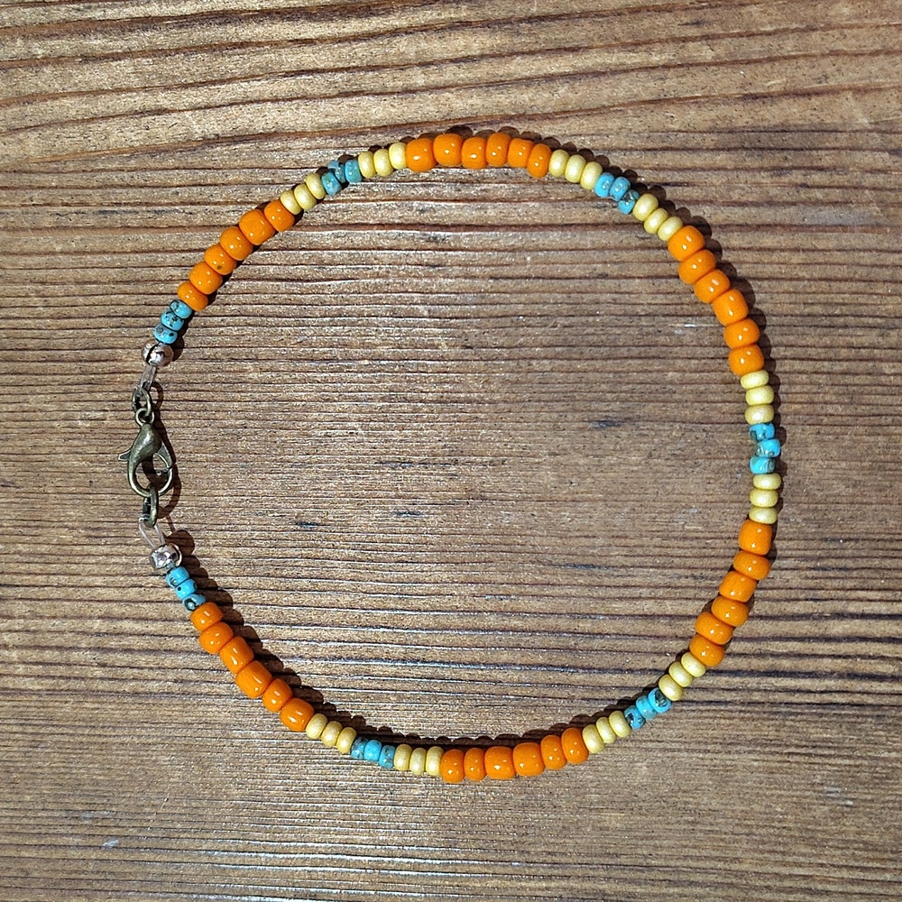 Orange and Turquoise Beaded Bracelet, Handmade Men's Bracelet 9 Inches Long - Picture 3 of 6
